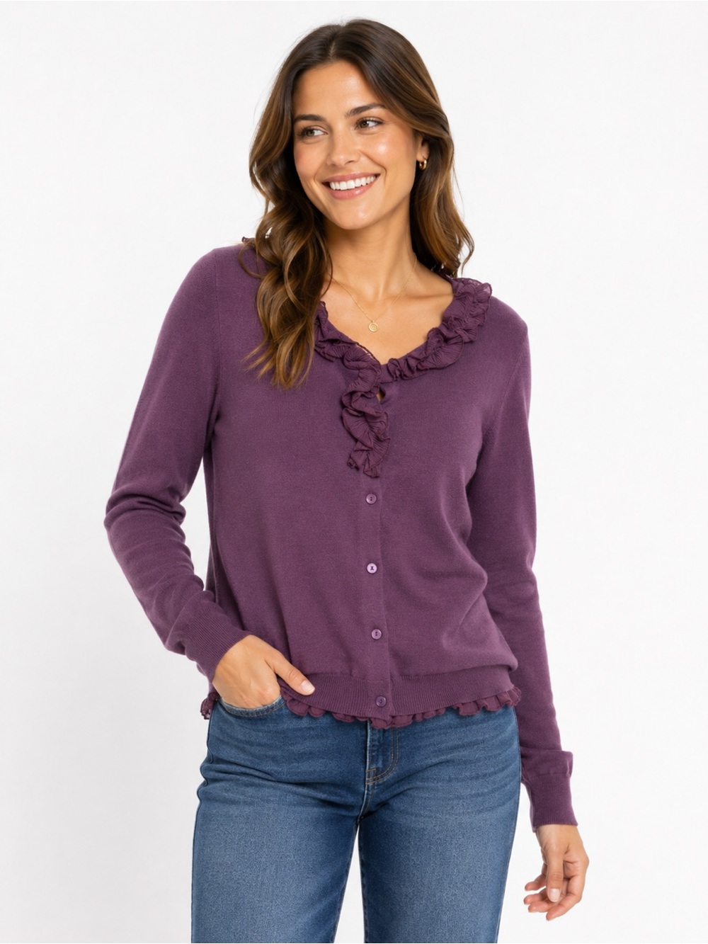J.Crew Ruffle-Trim V-Neck Cardigan Sweater - Purple